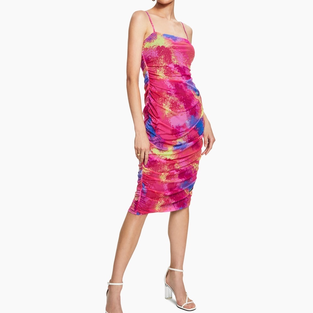 Women printed ruched dip tie dye rainbow summer party dress